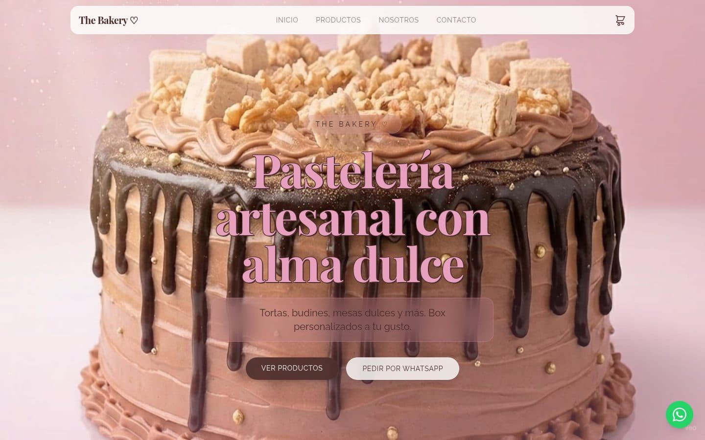 Inicio de The Bakery con una torta de fondo y el título 'Pastelería artesanal con alma dulce'