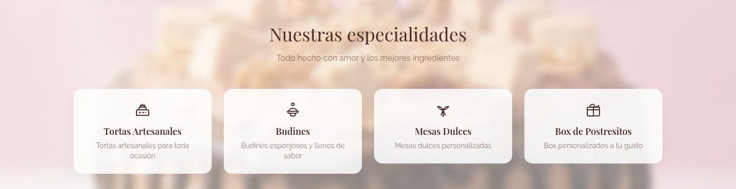 Categorías: tortas artesanales, budines, mesas dulces y box de postresitos