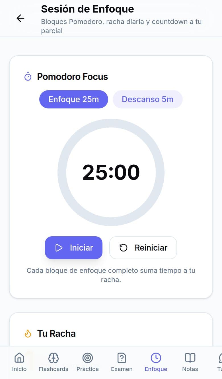 Sesión de enfoque Pomodoro en celular