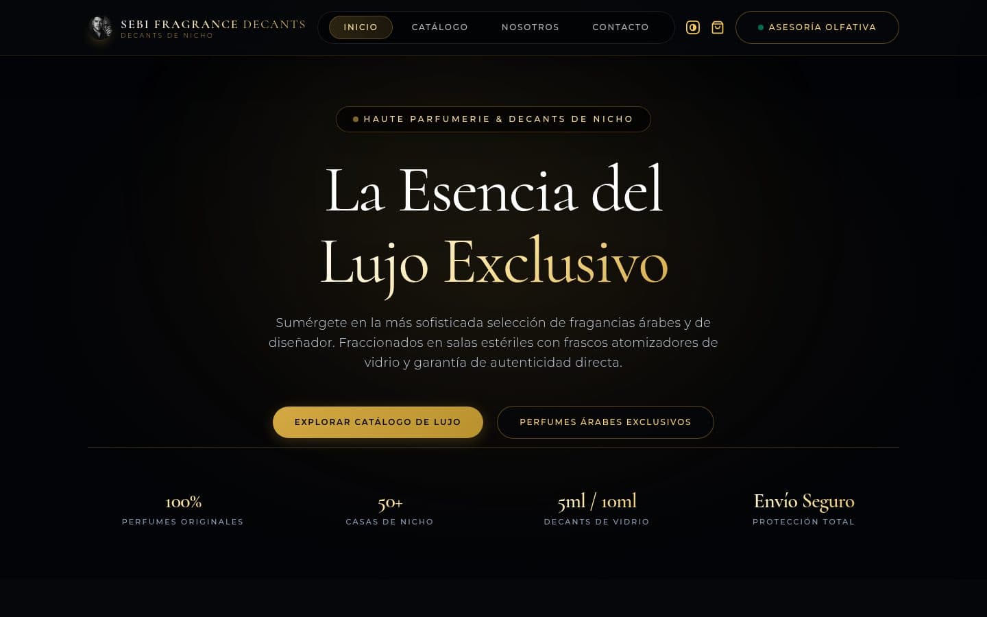 Página de inicio de Sebi Fragrance Decants con título 'La esencia del lujo exclusivo'
